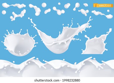 Milk Splash, Tropfen und nahtloses Muster. 3D-realistischer Vektorsatz