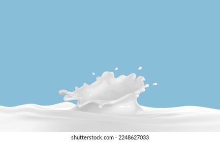 Leche salpicada de gotas aisladas en un fondo azul. Olas de leche con salpicadura de corona. Ilustración vectorial realista