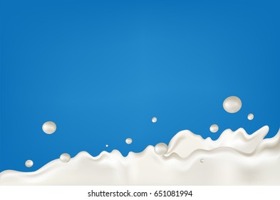 Milk splash and drops on blue background. Vector illustration.