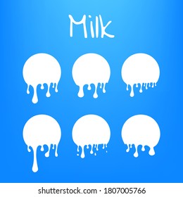 Milk splash and drops round shape top view blue background. Vector stock illustration.