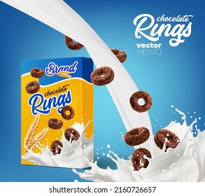 Milk splash with falling chocolated flake rings. Vector poster with cereal chocolate snack, carton box package and white milky stream on blue background. Realistic 3d milk with chocolate rings