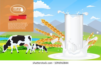 Milk splash and farm ad template layout, with milk pouring white space.