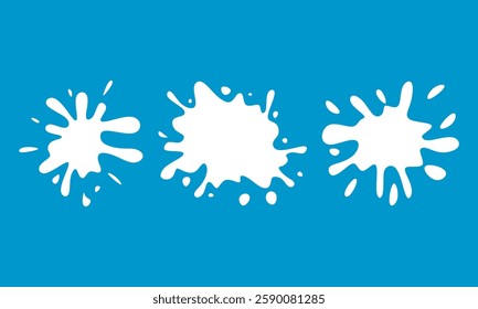 milk splash, flat milk splash. milk splash with drops, bubbles and blots. Melting liquid fluid crown drops. Isolated on blue background. Vector illustration
