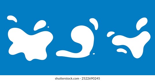 Milk splash flat simple background silhouette, white on blue. Drops and splatter of spilled liquid.