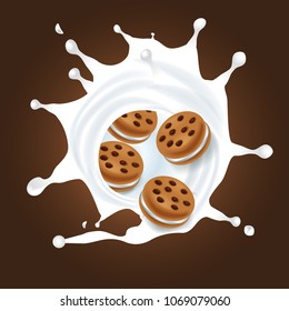 Milk splash flavor with sandwich cookies. Ready vector design for your package design.