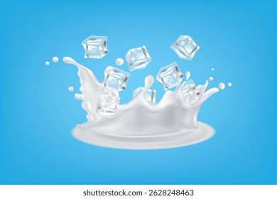 Milk splash with floating ice cubes on blue background in dynamic 3D style.