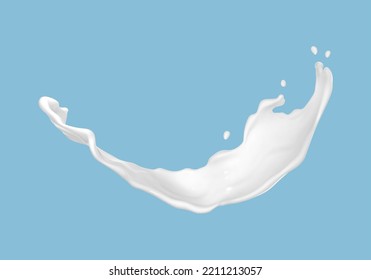 Milk splash with flying drops isolated on blue background. Realistic vector illustration