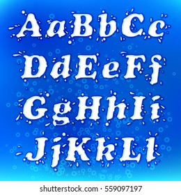 Milk Splash Font.  White Alphabet Letters And Numbers Set On Blue Background With Air Bubbles