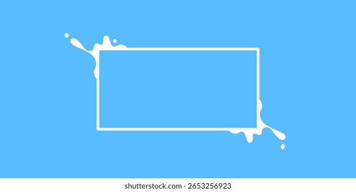 Marco de salpicadura de leche sobre fondo azul. Diseño de marco rectangular creativo con efectos de salpicaduras de leche blanca sobre un fondo azul vibrante. Ideal para promociones de productos lácteos, anuncios de leche, envases de bebidas.