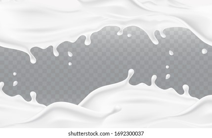 Milk splash frame pattern isolated on transparent background. 3d realistic yogurt or dairy cream wave border with drops. Vector milk package design.
