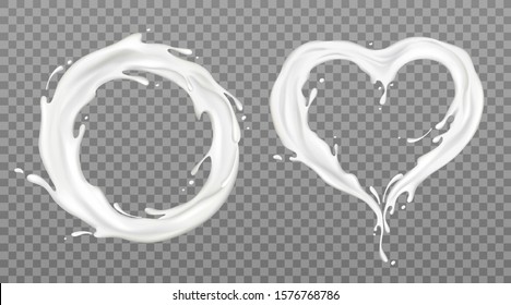 Milk splash frames round and heart set, yogurt or dairy drink product circle shape border with white spray droplets, dynamic motion isolated on transparent background. Realistic 3d vector Illustration