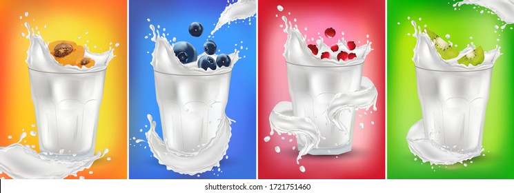 Milk splash with fresh fruits. Blueberry, apricot, red currant, kiwi. Milk or yogurt and fruit. Vector illustration.