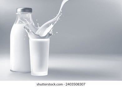 Milk splash in glass bottle. Realistic 3d vector illustration.