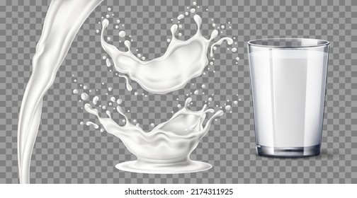 Milk splash glass. Realistic white yoghurt drops, jet and splashes, transparent full cup with drink, milkshake and kefir, fresh dairy product, isolated 3d objects, utter vector set