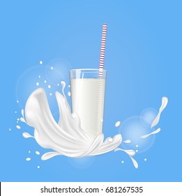 Milk splash with glass. Vector illustration.