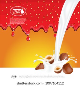 Milk splash and hazelnuts 3d vector object. Vector Ready ad layout template for Organic dairy products.