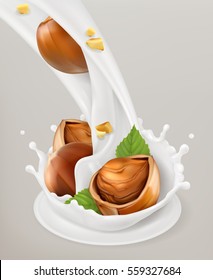 Milk splash and hazelnuts 3d vector object. Natural dairy products