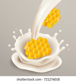 Milk Splash with Honeycomb : Vector Illustration