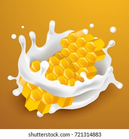 Milk Splash with Honeycomb : Vector Illustration