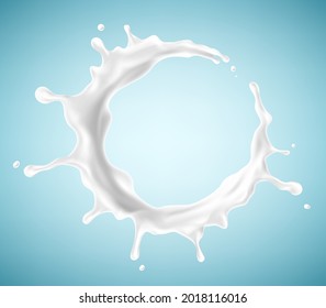 Milk splash isolated on blue background. Natural dairy product, yogurt or cream splash with flying drops. Realistic Vector illustration