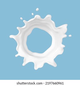 Milk splash isolated on blue background. Natural dairy product, yogurt or cream splash with flying drops. Realistic Vector illustration
