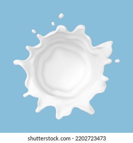 Milk splash isolated on blue background. Natural dairy product, yogurt or cream in crown splash with flying drops. Realistic Vector illustration
