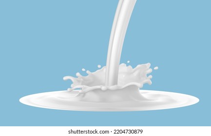 Milk splash isolated on blue background. Natural dairy product, yogurt or cream in crown splash with flying drops. Realistic vector illustration