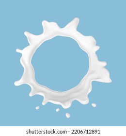 Milk splash isolated on blue background. Natural dairy product, yogurt or cream splash with flying drops. Realistic Vector illustration