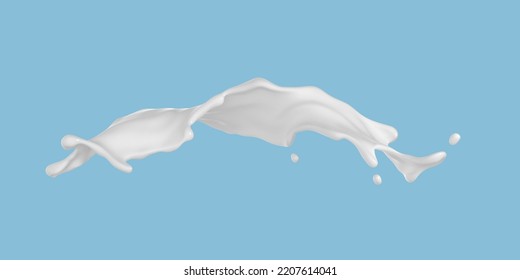 Milk splash isolated on blue background. Natural dairy product, yogurt or cream splash with flying drops. Realistic Vector illustration
