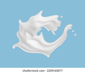 Milk splash isolated on blue background. Natural dairy product with flying drops. Realistic vector illustration