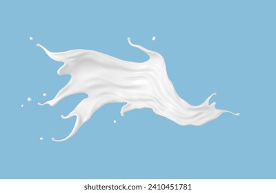 Milchsplash einzeln auf blauem Hintergrund. Natürliches Milchprodukt, Jogurt oder Creme Splash mit fliegenden Tropfen. Realistische Vektorgrafik