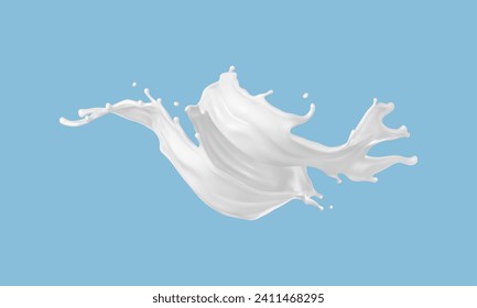 Milk splash isolated on blue background. Natural dairy product, yogurt or cream splash with flying drops. Realistic Vector illustration