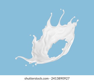 Milk splash isolated on blue background. Natural dairy product, yogurt or cream splash with flying drops. Realistic Vector illustration