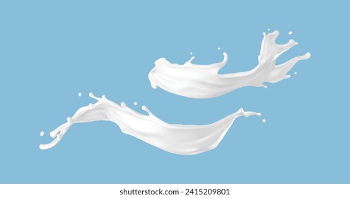 Milk splash isolated on blue background. Natural dairy product, yogurt or cream splash with flying drops. Realistic Vector illustration