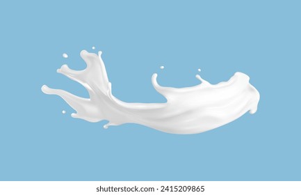 Milk splash isolated on blue background. Natural dairy product, yogurt or cream splash with flying drops. Realistic Vector illustration