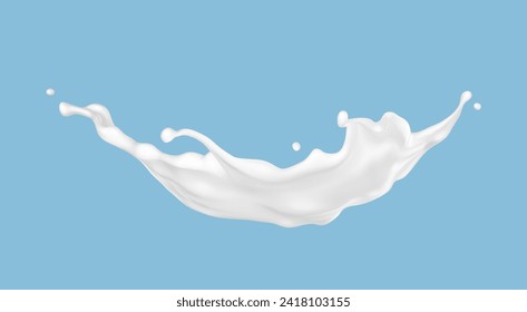 Milk splash isolated on blue background. Natural dairy product, yogurt or cream splash with flying drops. Realistic Vector illustration