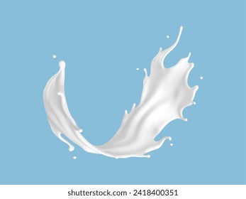 Milchsplash einzeln auf blauem Hintergrund. Natürliches Milchprodukt, Jogurt oder Creme Splash mit fliegenden Tropfen. Realistische Vektorgrafik