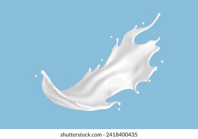 Milk splash isolated on blue background. Natural dairy product, yogurt or cream splash with flying drops. Realistic Vector illustration