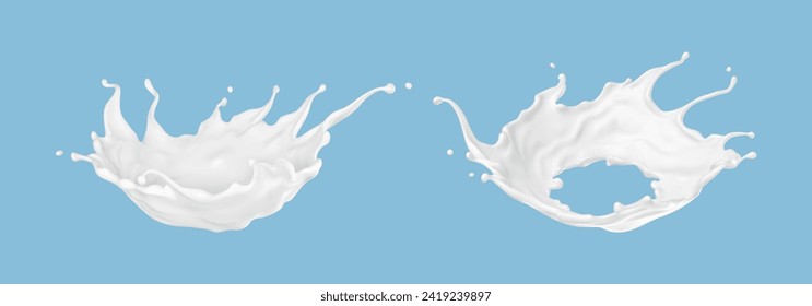 Milk splash isolated on blue background. Natural dairy product, yogurt or cream splash with flying drops. Realistic Vector illustration