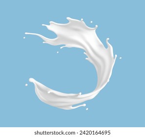 Milk splash isolated on blue background. Natural dairy product, yogurt or cream splash with flying drops. Realistic Vector illustration