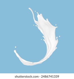 Milk splash isolated on blue background. Natural dairy product, yogurt or cream splash. Realistic vector illustration
