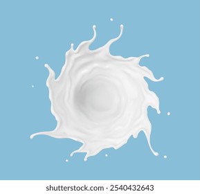 Sopro de leite isolado em fundo azul. Produto láteo natural, iogurte ou creme respingo com gotas voadoras. Ilustração de vetor realista