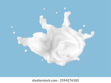 Milk splash isolated on blue background. Natural dairy product, yogurt or cream splash with flying drops. Realistic vector illustration