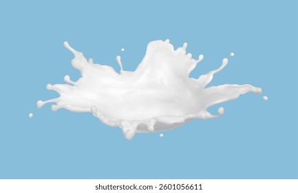 Milk splash isolated on blue background. Natural dairy product, yogurt or cream splash with flying drops. Realistic Vector illustration