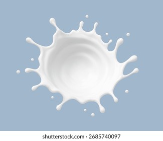 Milk splash isolated on blue background. Natural dairy product in crown splash with flying drops. Realistic Vector illustration
