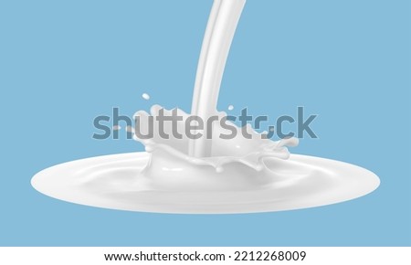 Milk splash isolated on blue background. Natural dairy product, yogurt or cream in crown splash with flying drops. Realistic vector illustration