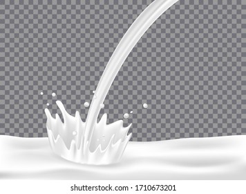 Milk with splash isolated on transparent background. White yogurt pouring down with realistic milk drop for package design. 3d Vector illustration