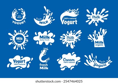 Rótulos de espalhamento de leite. Emblemas de desenhos animados com gotas líquidas brancas para design de marca de produtos láteos, adesivos com creme splatter para embalagem. Conjunto de vetores.