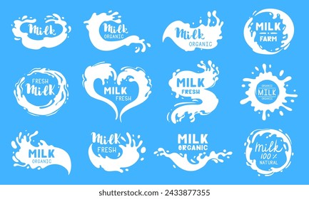 Milk splash labels. Cartoon cow or goat milk flows logos, white dairy product splash drops with lettering flat vector illustration set. Fresh milky splash logo collection