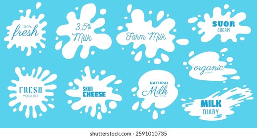 Milk splash labels set. Milk product lettering labels. Yogurt splash drops, natural cheese and fresh milk emblem silhouette Vector illustration
